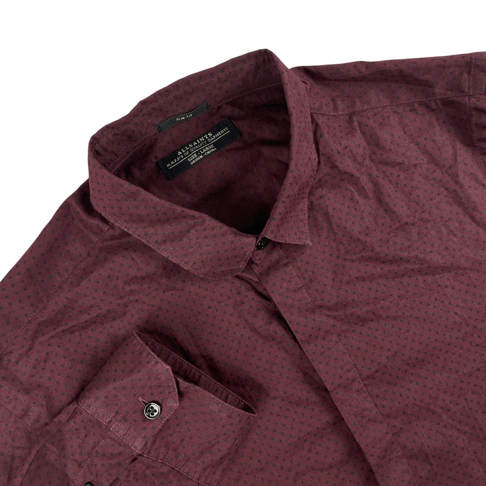 AllSaints Shirt Mens L Burgundy Long Sleeve Button Down Slim Fit Polka‎ Dot